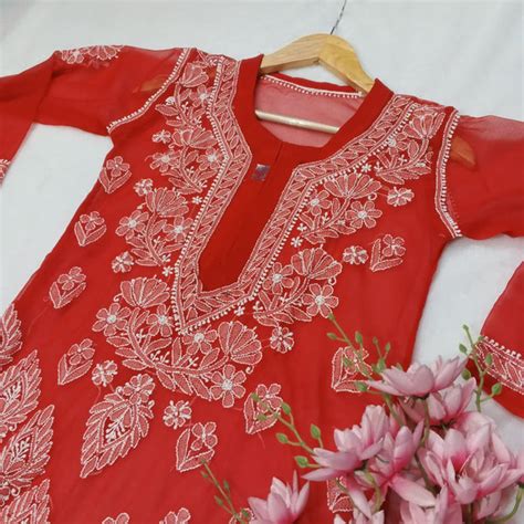 Graceful Georgette Chikankari Cross Panel Kurti With Inner - Red Colou ...