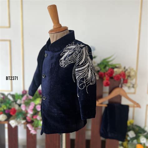 BT2371 Navy Blue Velvet Boys Sherwani with Silver Horse Embroidery – P ...