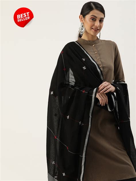 Black Handloom Cotton Jamdani Dupatta with tassels I ArtEastri – Arteastri