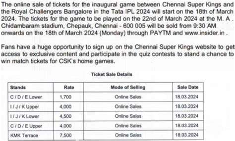 IPL Tickets 2024 Chennai, Chepauk Stadium Tickets Price List 2024