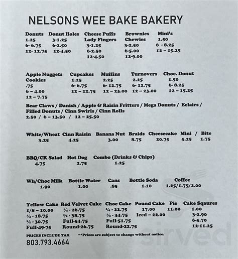 Nelson's Wee Bake menu in Denmark, South Carolina, USA