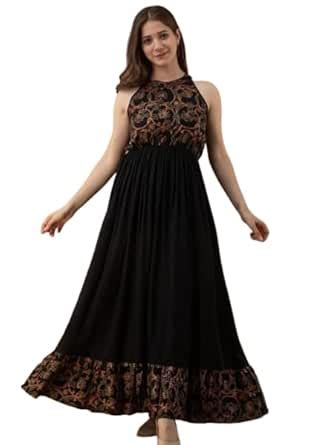 Buy IQRAAR Womens Rayon Gold Print Sleevless Dress (Black) at Amazon.in