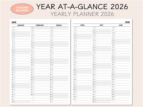 Printable Yearly Planner Calendar 2026, Yearly Overview 2026, Year At-a ...
