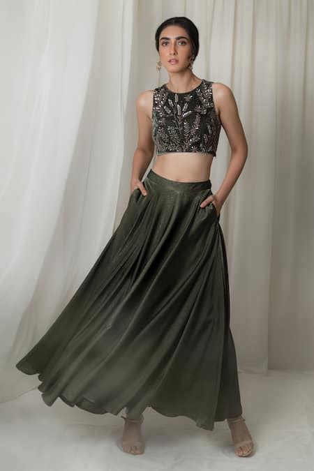 Buy Green Net, Silk Velvet, Sand Washed Satin Round Embroidered Blouse ...