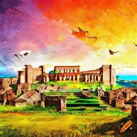 Colorful painting of an ancient roman city panorama