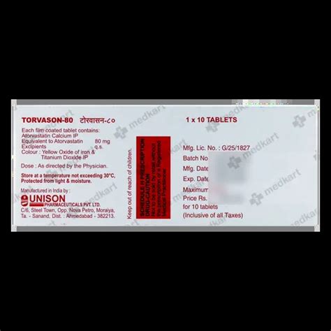 TORVASON 80MG TABLET 10'S Price, Uses, Side Effects & Substitutes | Medkart