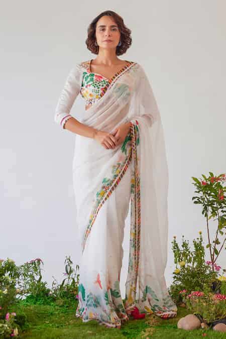 Buy White Chiffon, Modal, Satin Imaan Floral And Print Saree With ...