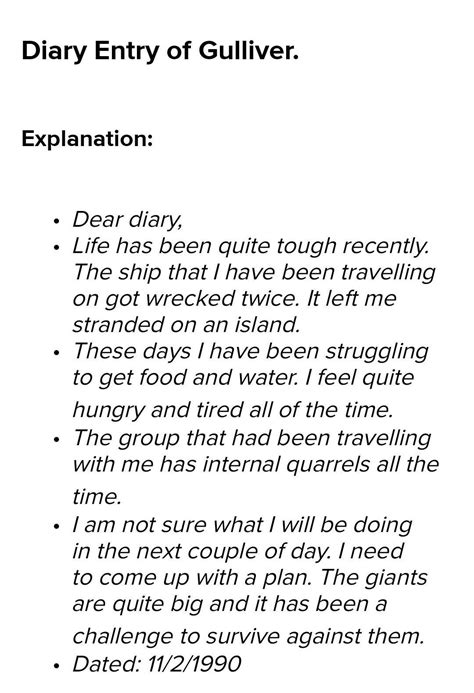 Imagine that you Gulliver . Write a diary entry about his experience in ...