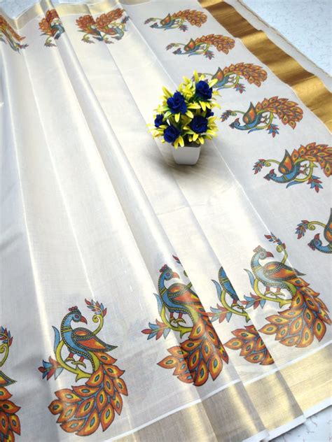 Kerala Tissue Printed Golden Saree – www.vannamayil.com