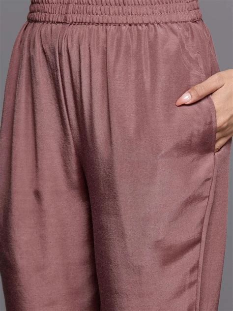 Buy Mauve Yoke Design Silk Blend Straight Kurta With Trousers & Dupatta ...