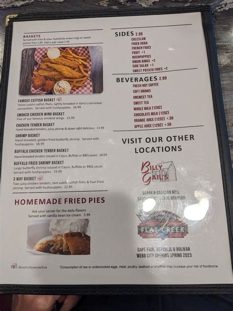 Menu at Billy Gail's cafe, Branson