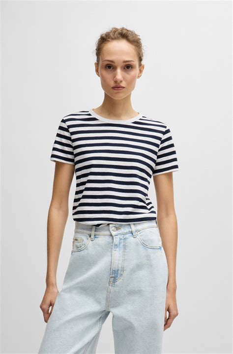 BOSS - Slub-cotton T-shirt with horizontal stripe - Blue Patterned