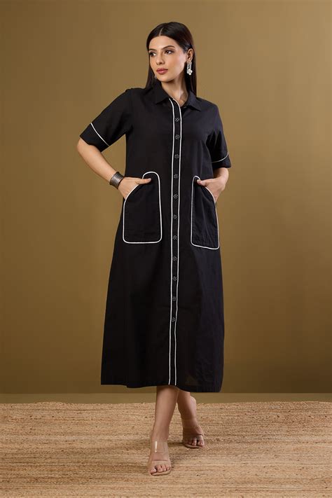 Midi Dress With Contrast Trims On Pockets - Black Cotton With White ...