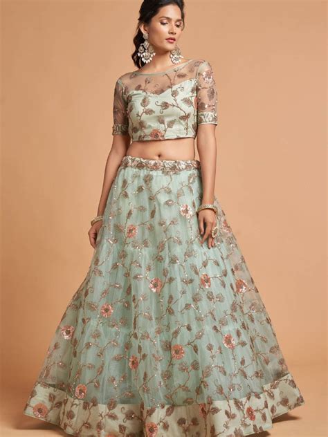 Buy Mint Green Thread and Sequins Embroidered Net Lehenga Choli Online ...