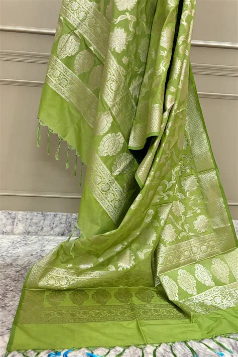 Pista Golden Zari Katan Silk Banarasi Dupatta – Mohsin Textiles
