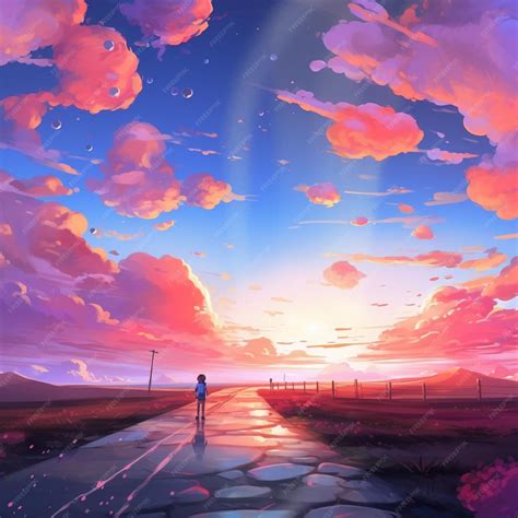 Anime scenery of a person walking on a road with a sunset in the ...