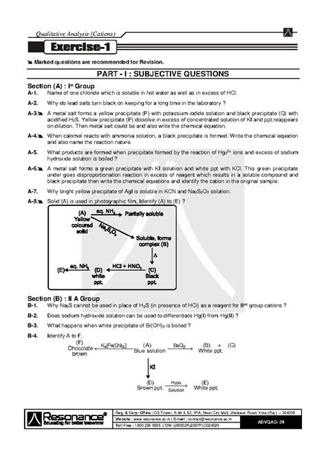 Qualitative Analysis of Cations: Exercises for ADVQAC-24 - Studocu