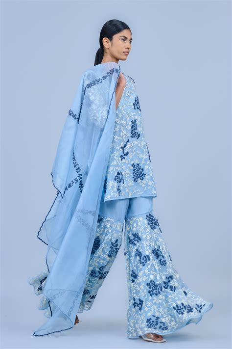 Peachoo - Ice Blue Silk Organza Sharara - Elahe