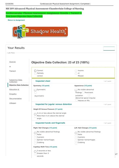 Shadow Health Tina Jones Comprehensive Assessment -Objective Data ...