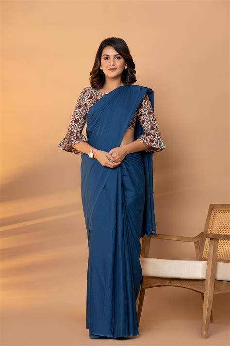 Indigo Blue Plain Dyed Mul Mul Cotton Saree with Tassels (without Blou