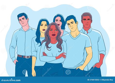 Hand Drawn Cartoon Art of Six Worried Young Men and Women of Mixed Skin ...