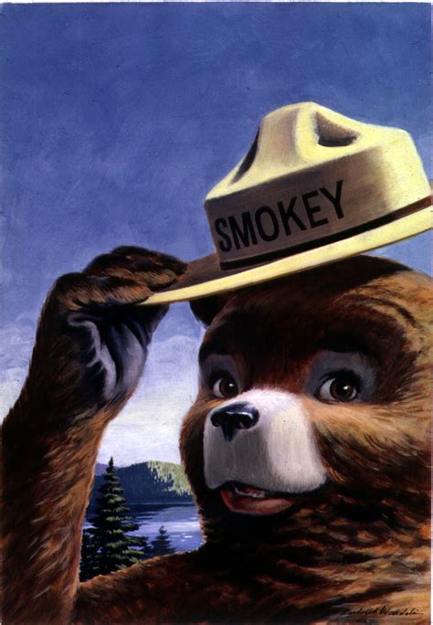 A painting of Smokey Bear smiling and tipping his ranger's hat