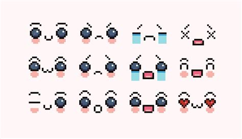 Kawaii face pixel art set. cute emotions, expressions collection. 8 bit ...