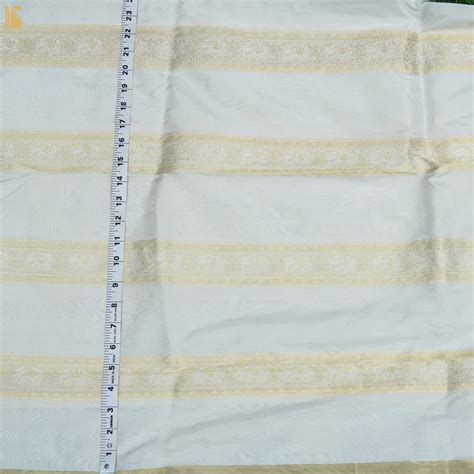 White Pure Katan Silk Banarasi Shikargah Stripes Fabric – Khinkhwab