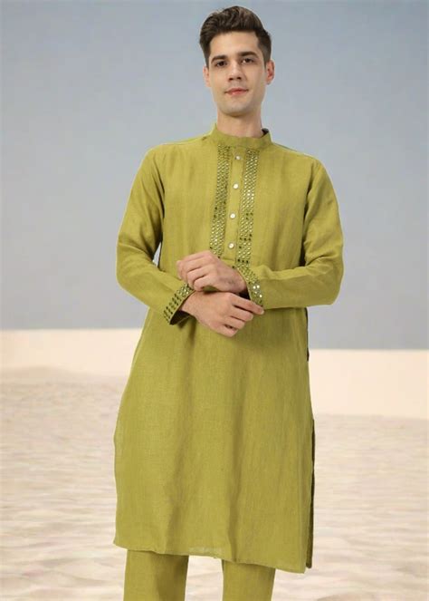 Sap Green Full Sleeve Pure Linen Long Kurta With Mirror Work – Linen Trail