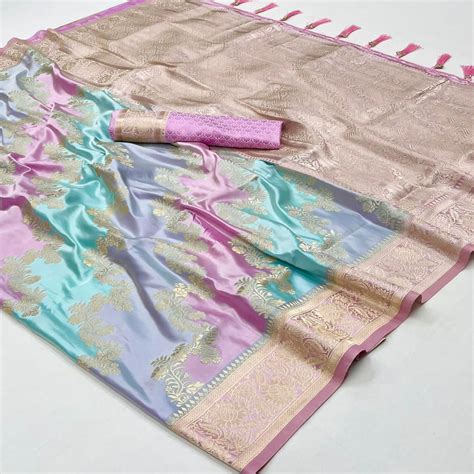 ⁠Pink Floral Woven Satin Saree With Tassels