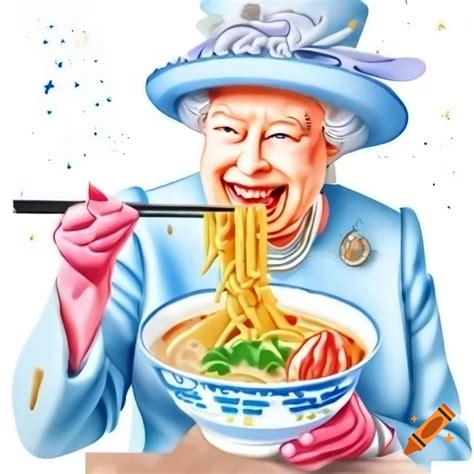 Watercolor painting of Queen Elizabeth II enjoying ramen noodles with chopsticks on Craiyon