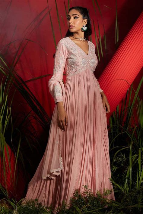 Dusky Pink Chanderi & Georgette Embroidered Anarkali Set – Shreeka