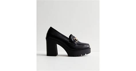 Black Leather-Look Chunky Block Heel Loafers | New Look