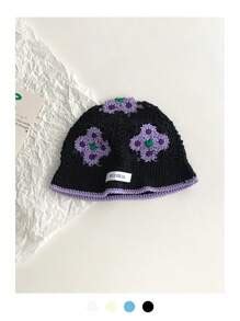 1pc Women Multicolor Patchwork Floral Knitted Bucket Hat, Handmade ...