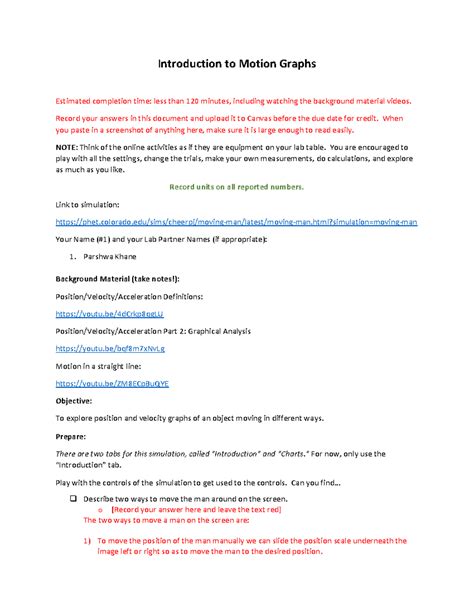 Phys 4 - Practice worksheets - Introduction to Motion Graphs Estimated ...