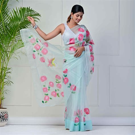 Celeste rose Hand-painted organza saree – Mykaa Jaipur