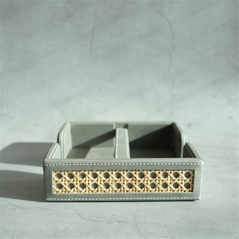 Stone Gray PU Leather & Rattan Tissue Holder with Weighted Bar – Stor