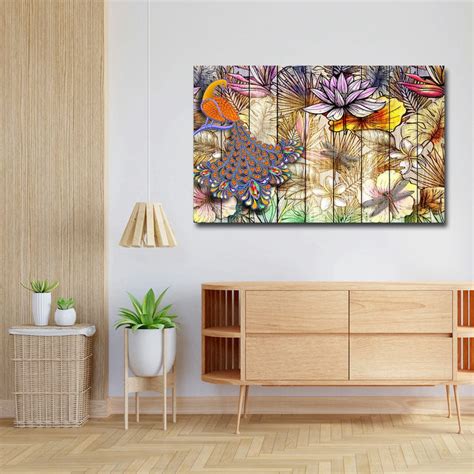 Canvas Painting - Peacock Floral on Wooden Design – SkinsLegend