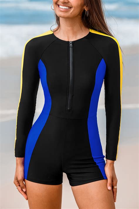 Colorblock Zip-Front Long Sleeve One-Piece Swimsuit