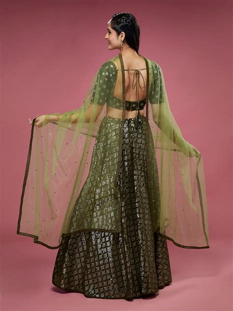 Olive Georgette Sequinse Embroidered Semi-Stitched Lehenga