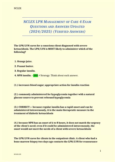 NCLEX LPN MANAGEMENT OF CARE 4 EXAM QUESTIONS AND ANSWERS UPDATED (2024 ...