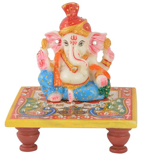 Buy Unique Indian Crafts Marble Lord Paggri Ganesh Idol with Chowki (SE ...