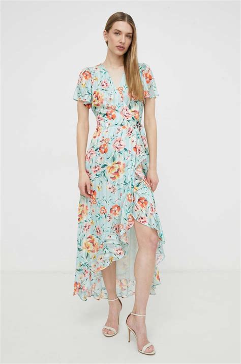 Guess sukienka bawełniana kolor zielony midi rozkloszowana | Answear.com