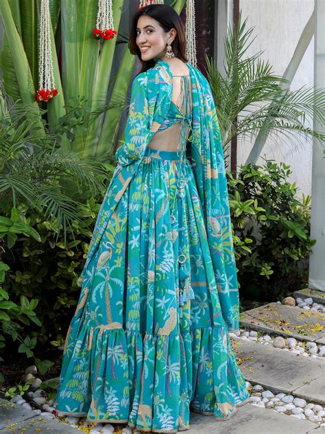 Green Printed Georgette Lehenga Set
