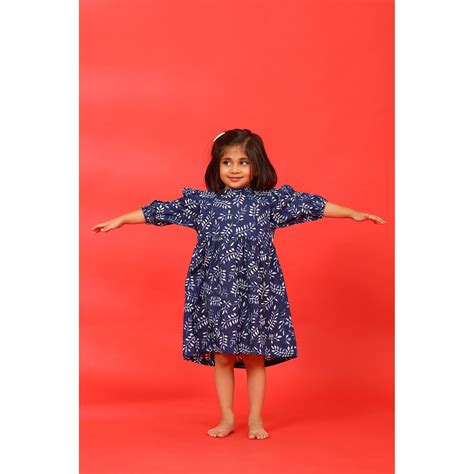 Neem Leaves on Blue Kids Cotton Dress