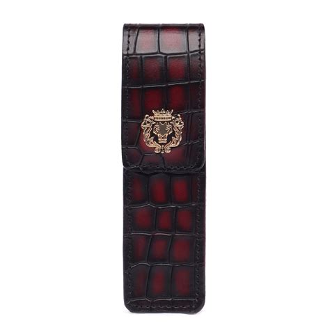 Smokey Wine Cut Croco Textured Leather Pen Holder with Metal Lion Logo
