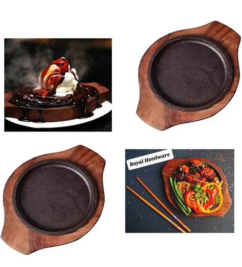 Buy Sizzler Plate with Wooden Base and Handle/Brown Sizzler Cast Iron ...
