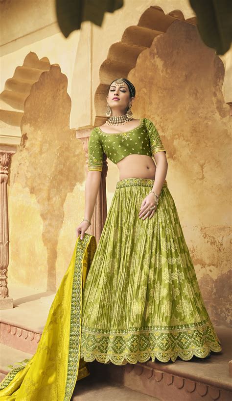 Lemon Mehndi Banarasi Silk Crush Lehenga Choli With Gota Patti Embroid ...