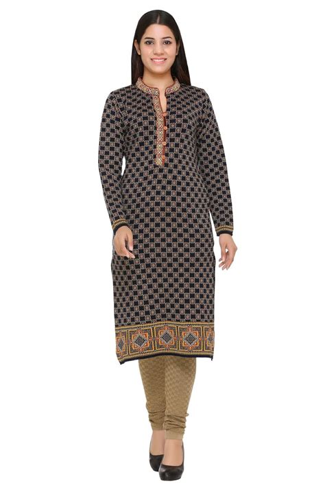 Buy aarbee Woollen Knee Length Designer Geometric Knitted Navy Kurti ...