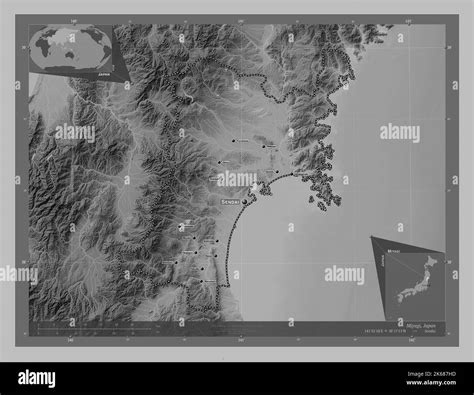 Miyagi, prefecture of Japan. Grayscale elevation map with lakes and rivers. Locations and names ...